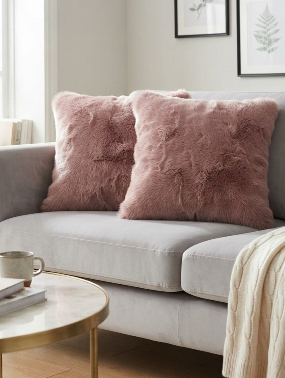 Set of 2 IKEA DOTIR Faux Fur Throw Pillow Covers & Inserts Mauve Rose 20x20